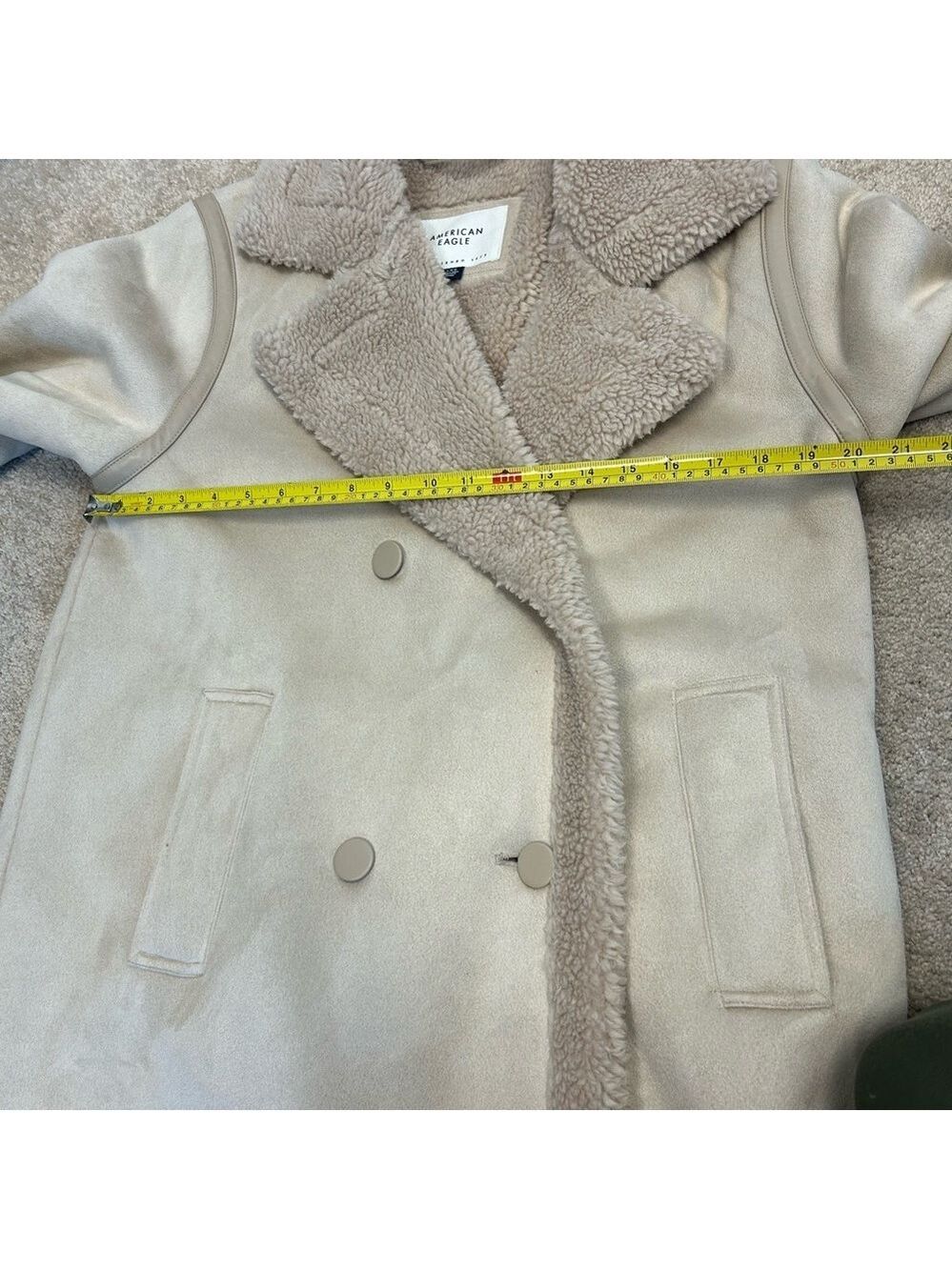 American Eagle double-breasted Vegan faux shearling coat light beige cream Sz L - Picture 9 of 14